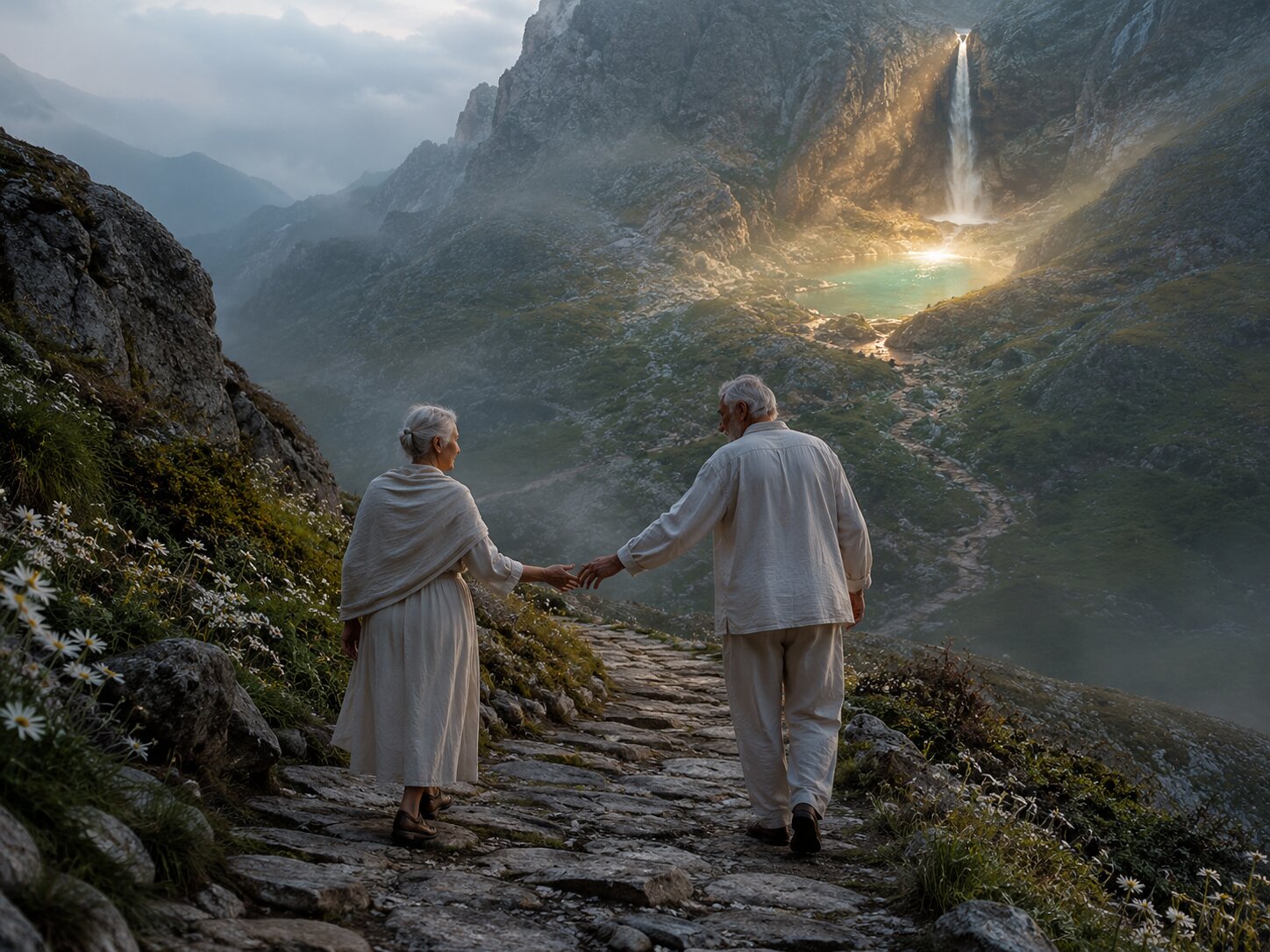An old love still walking toward the waterfall