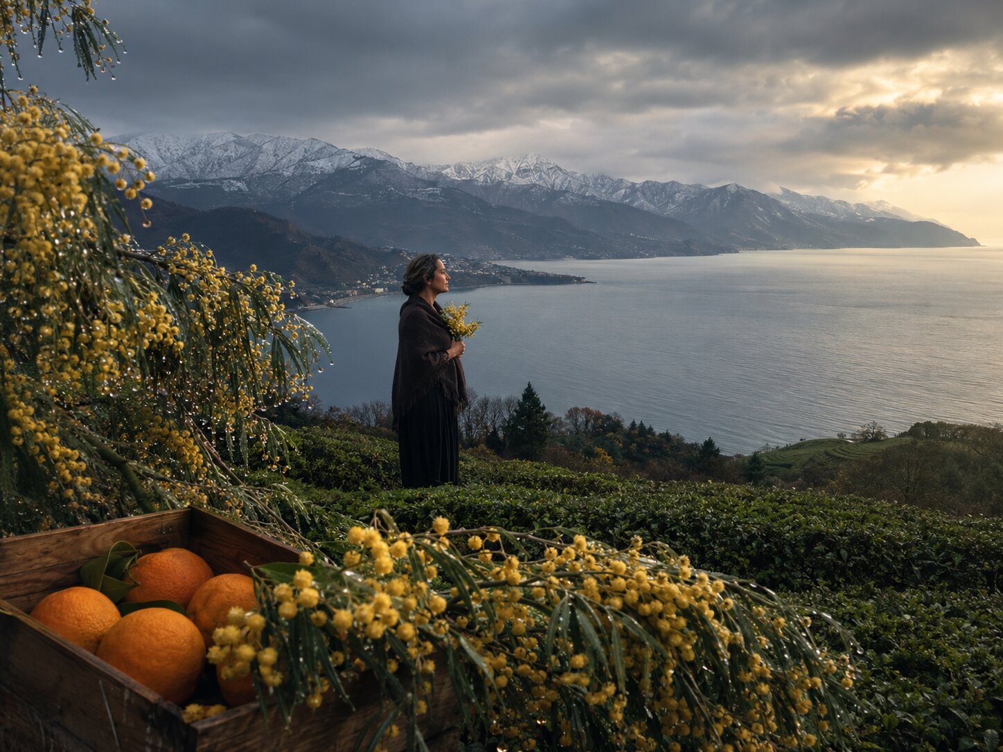Oranges, mimosa, and a sea that remembers